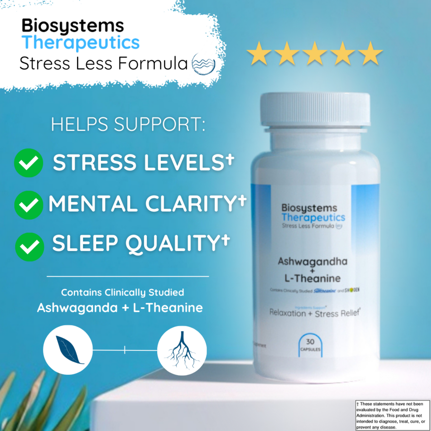 Biosystems Therapeutics Stress Less Formula - Ashwagandha + L-Theanine Supplement Blend for Relaxation and Stress Relief